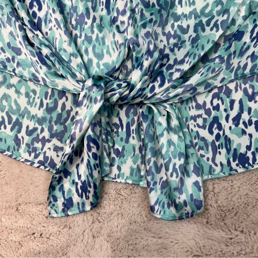 Chicos Coastal Animal Print Satin Top Blouse Plus Size 3 Skylight Blue Front Tie - Picture 5 of 9